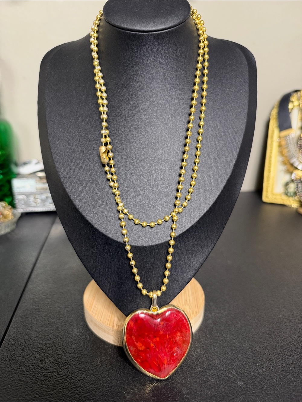 Gold-Tone Ball Chain Necklace Red Glass Heart Pendant Statement